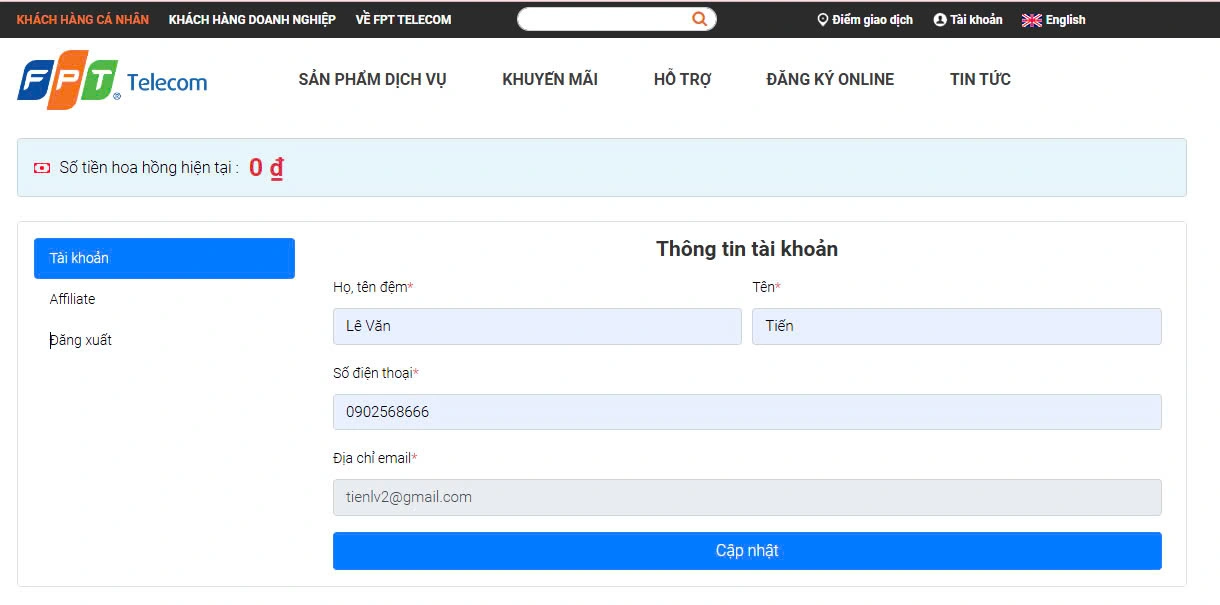 Th&ocirc;ng tin c&aacute; nh&acirc;n l&agrave;m ctv fpt